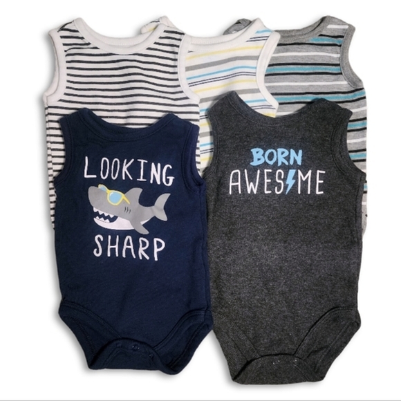 Bon Bebe Other - Size 3-6M Boy Cotton Sleeveless Bodysuits 5pk, Shark stripes Born Awesome